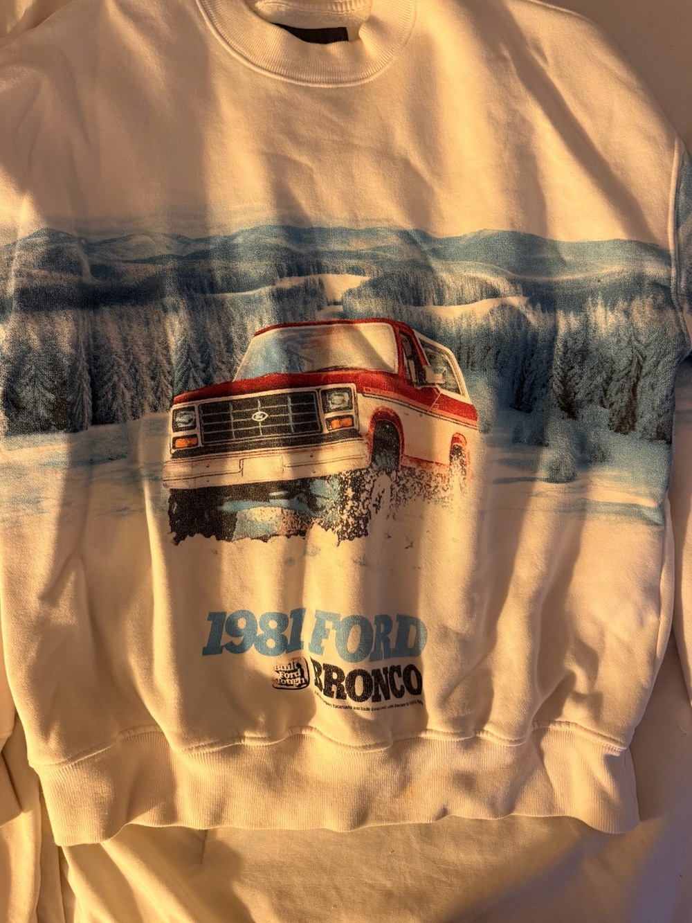 Abercrombie & Fitch White Crewneck with Red Ford Bronco Graphic